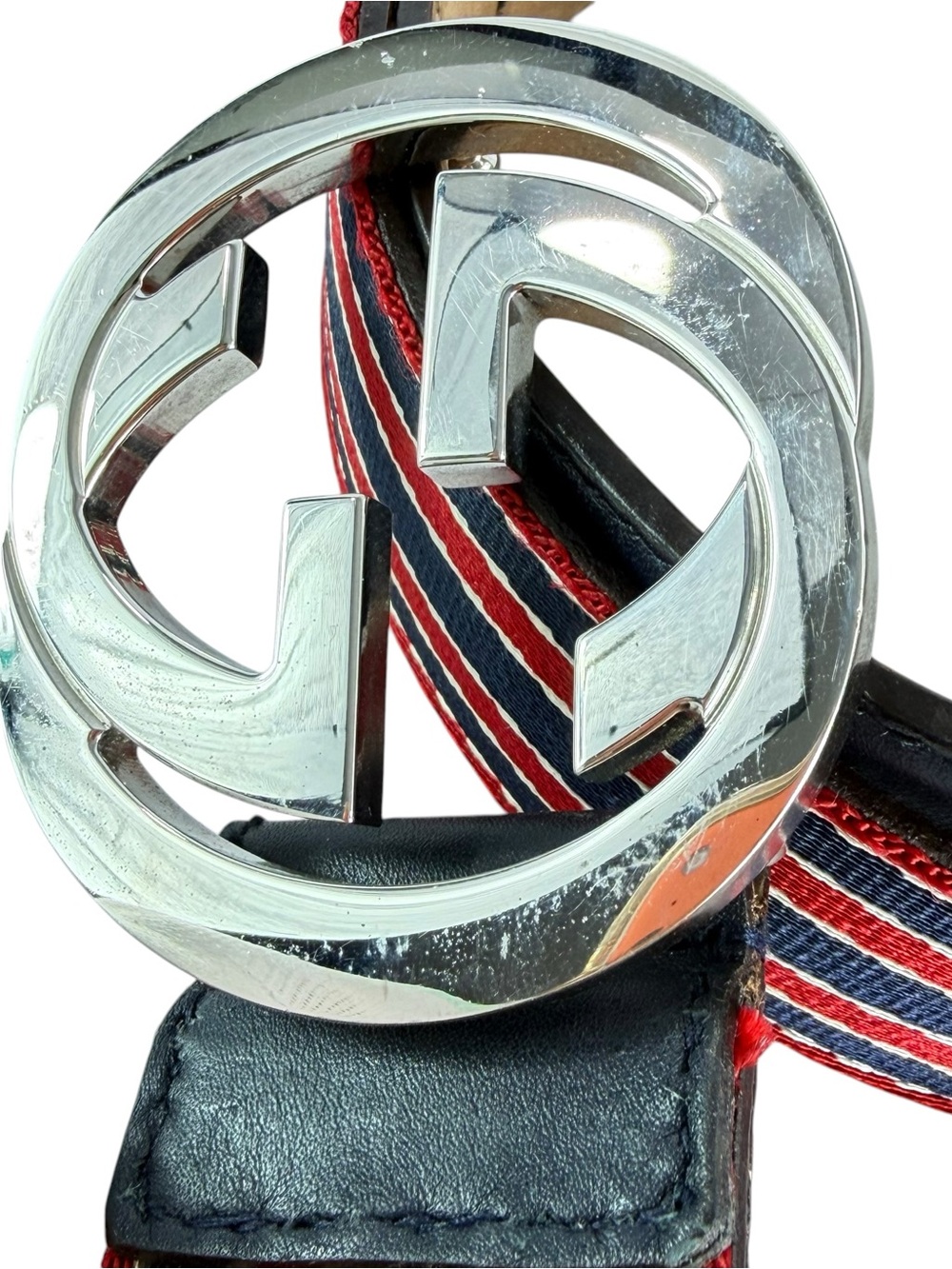Gucci Red, Navy & White Striped Web Belt Bag with Silver GG Buckle - Picture 4 of 16